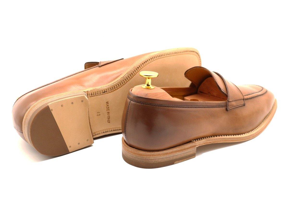 Back View of Mens Tanned Brown Leather Penny Loafers