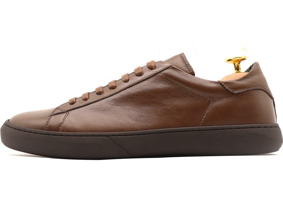 Side View of Mens Leather Low Top Dark Brown Sneakers